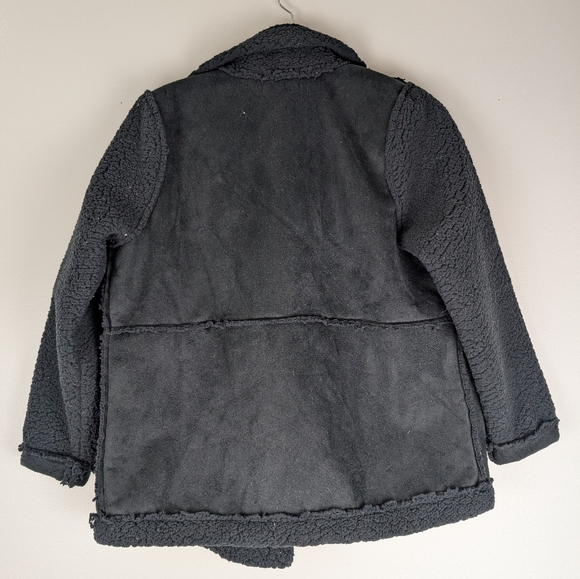 Faux Suede Sherpa Jacket Coat Black Open Front Cozy Everyday Outerwear - Picture 8 of 9